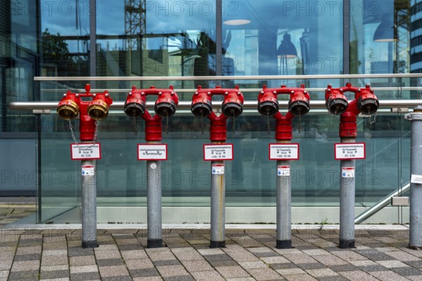 Extinguishing water supply for the fire brigade at a large office building, dry pipes into which the fire brigade feeds water in order to have extinguishing water available on all floors, North Rhine-Westphalia, Germany, Europe