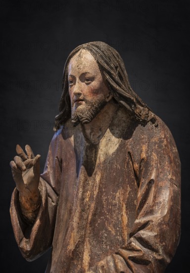 Detail of Christ, Palmesel, wooden figure c. 1520, on dark background, Diözesan Museum, Rottenburg, Baden-Württemberg, Germany, Europe