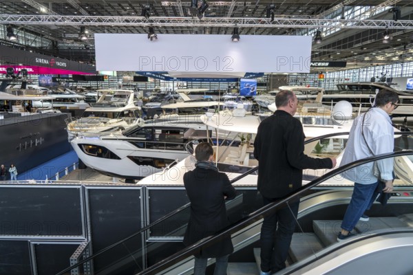 Large yachts, luxury yachts, in Hall 6 of BOOT 2024, the world's largest yacht and water sports trade fair in Düsseldorf, North Rhine-Westphalia, Germany, Europe