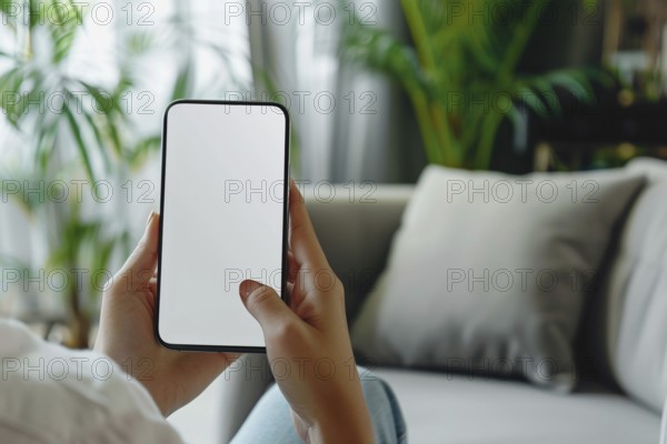 Close up of cell phone held by woman's hands. Generative Ai, AI generated