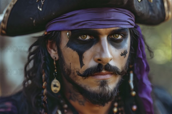 Portrait of a man artistically adorned with a halloween pirate costume and face makeup, AI generated