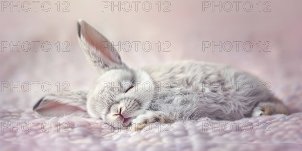 Cute baby bunny sleeping on blanket on pink background. Generative Ai, AI generated