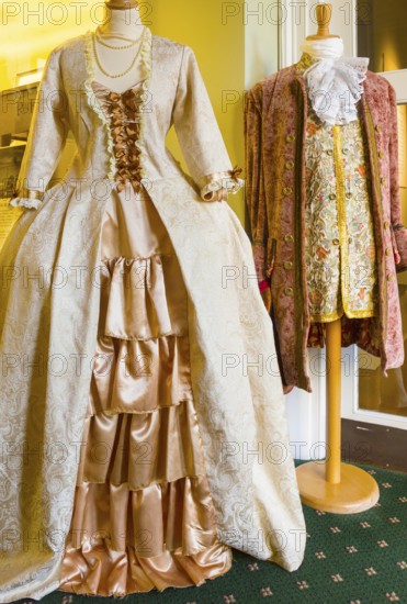 Georgian eighteenth century fashion male and female costumes with permission of Chippenham museum, Wiltshire, England, UK