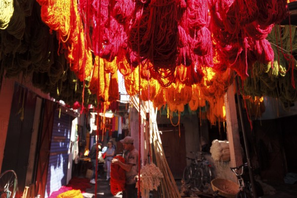 In the dyers' souk in Marrakech, Morocco, Africa