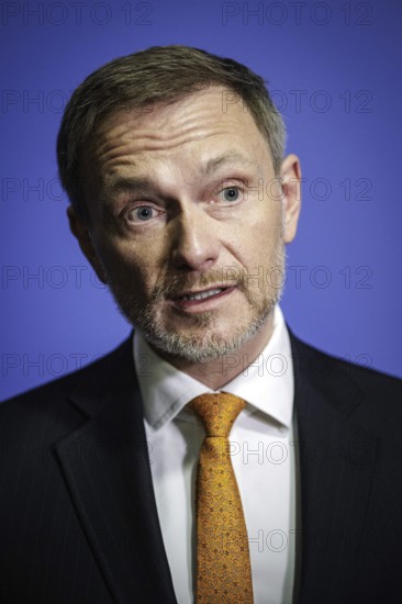 Christian Lindner, Federal Minister of Finance, photographed during a press statement after a citizens' dialogue of the Federal Ministry of Finance NOW In Dialogue in Lübeck, 06.02.2024. Photographed on behalf of the Federal Ministry of Finance