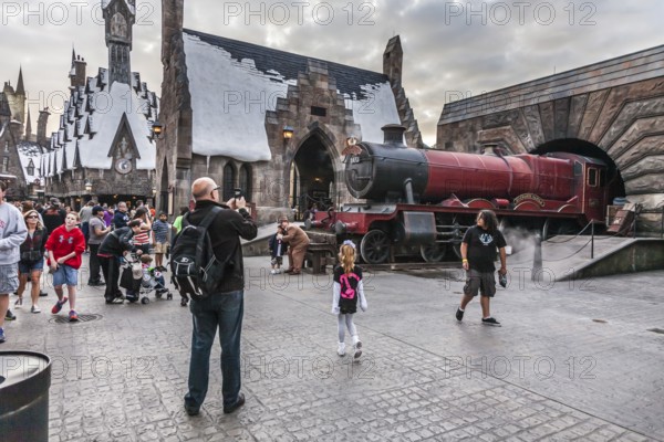 Hogwarts Express train at the Hogsmeade station in The Wizarding World of Harry Potter at Universal Studios Islands of Adventure in Orlando, Florida, USA, North America