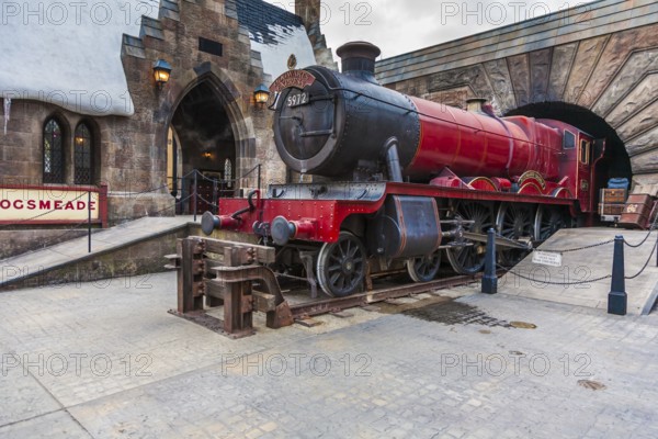 Hogwarts Express train at the Hogsmeade station in The Wizarding World of Harry Potter at Universal Studios Islands of Adventure in Orlando, Florida, USA, North America