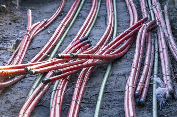 Power lines, underground cable strands that transport energy from wind turbines to central transformer stations, Eemshaven, Netherlands