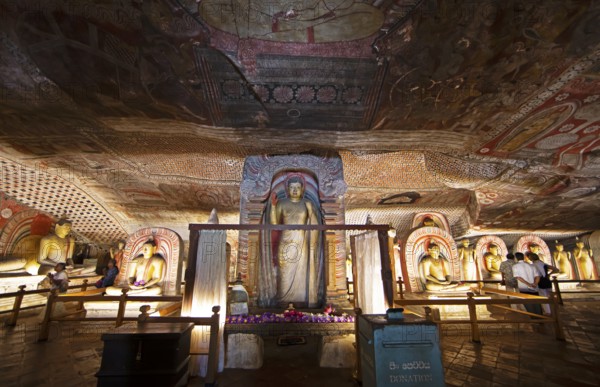 Buddha statues and ceiling fresco in the Dambulla cave temple, Dambulla, Central Province, Sri Lanka, Asia