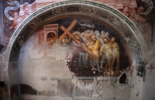 Interior, Carrying of the Cross, late Gothic frescoes by Master Wenzlaus in the Chapel of Our Lady at the Cemetery, Parish Church of the Sorrowful Mother of God, Riffian, Rifiano, South Tyrol, Autonomous Province of Bolzano, Italy, Europe