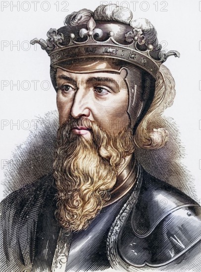 Edward III (1312-1377), King of England from 1327 after the deposition of his father Edward II. His claim to the French throne led to the Hundred Years' War in 1340. A member of the Plantagenet dynasty, Historical, digitally restored reproduction from a 19th century original, Record date not stated