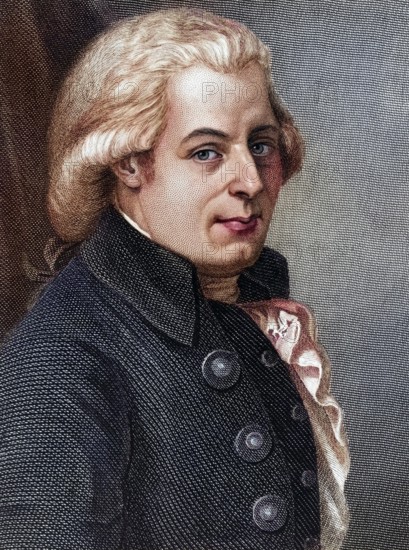 Wolfgang Amadeus Mozart 1756-1791 Österreichischer Komponist und Musiker, Wolfgang Amadeus Mozart 1756-1791 Austrian composer and musician 19th century engraving after painting by Johann Heinrich Wilhelm, Historic, digitally restored reproduction from a 19th century original, Record date not stated