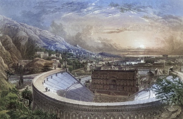 Ancient Ephesus from above the Theatre, restored from plans and measurements taken on the spot Engraved by William Richardson after restoration and drawing by Edward Falkener From The Imperial Bible Dictionary published by Blackie & Son circa 1880s, Ancient Ephesus from above the Theatre restored from plans and measurements taken on the spot Engraved by William Richardson after restoration and drawing by Edward Falkener From The Imperial Bible Dictionary published by Blackie & Son circa 1880s, Historic, digitally restored reproduction from a 19th century master. century, Record date not stated