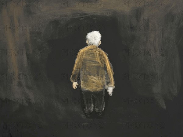 A chalk drawing, illustration of an elderly person looking into the darkness, symbolic image for loneliness, depression in old age, grief, life crisis, psychology, AI generated, AI generated, AI generated