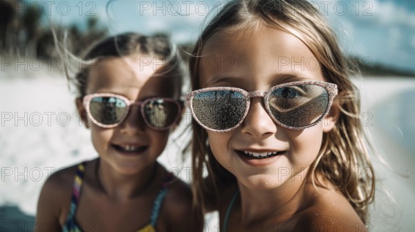 Two young girlfriends posing wearing sunglasses having fun on the beach, generatvie AI, AI generated