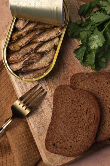 Preserves, sprats with black bread, top view, no people