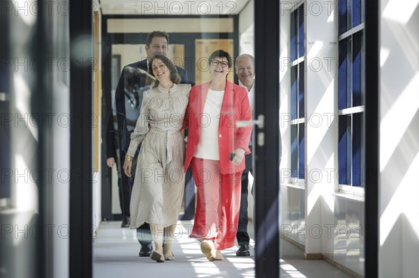 Lars Klingbeil, SPD party chairman, Katarina Barley, SPD lead candidate for the 2024 European elections, Saskia Esken, federal chairwoman of the SPD, and Olaf Scholz (SPD), Federal Chancellor, arrive at the meeting of the SPD Presidium after the European elections at Willy Brandt House in Berlin, 10 June 2024