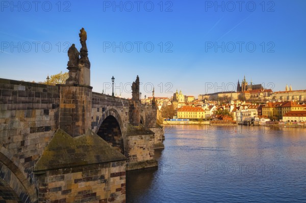 View over the Vltava River to Hradcany Hill, Charles Bridge, Prague, Czech Republic, Europe