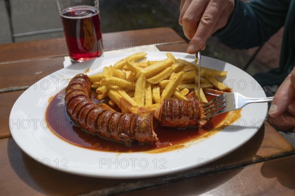 Currywurst with French fries served in a garden withe, Bavaria, Germany, Europe