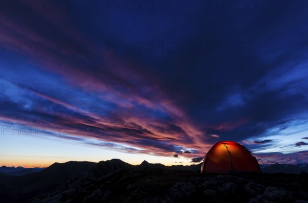 Tent in mountain landscape, Sarek National Park, World Heritage Laponia, Norrbotten, Lapland, Sweden, night shot, lighting, Scandinavia, Europe