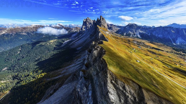 The Sas Rigais and Furchetta peaks of the Odle Group, drone shot, Val Gardena, Dolomites, Autonomous Province of Bolzano, South Tyrol, Italy, Europe