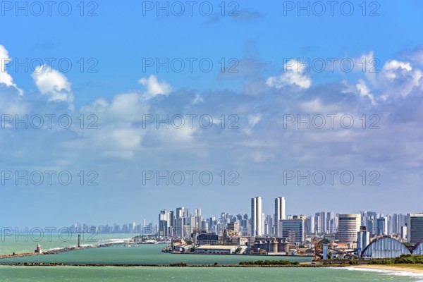 View of the port and city of Recife in Pernambuco with its skyscrapers facing the sea, Recife, Pernambuco, Brazil, South America