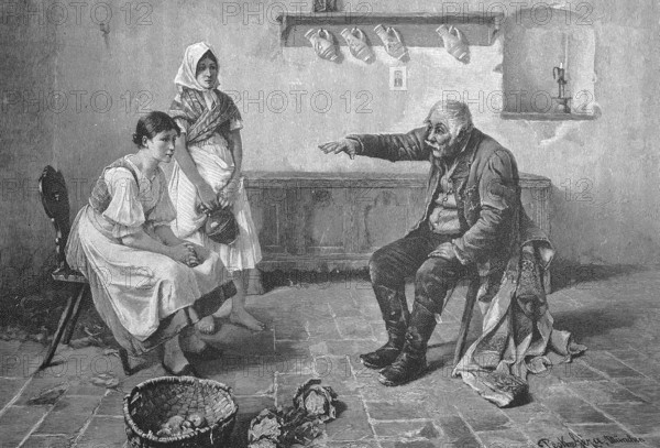 The grandfather excitedly tells of an important event, two woman listen, Historical, digitally restored reproduction from a 19th century original, c. 1890, Record date not stated