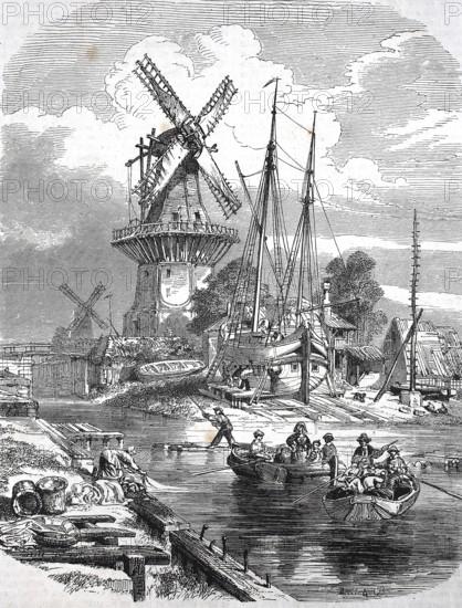 Historic, digitally restored reproduction from a 19th century original, Record date not stated, Windmill on a canal near Rotterdam, 1855, Holland