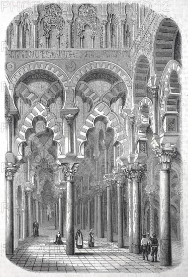 Historical, digitally restored reproduction from a 19th century original, Record date not stated, Interior of the Cathedral, Mezquita-Catedral de Córdoba, Mosque of Córdoba, Cathedral Mosque, Horseshoe arches in the prayer hall, 1855, Cordoba, Spain, Europe