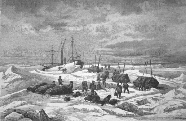 Sailor Admiral Tegetthoff from Bremerhaven to the Barents Sea, Arctic, Austro-Hungarian polar expedition with Captain Carl Weyprecht, 1872, 1873. Leaving the ship after the return of the sledge travellers, Historical, digitally restored reproduction from a 19th century original, Record date not stated