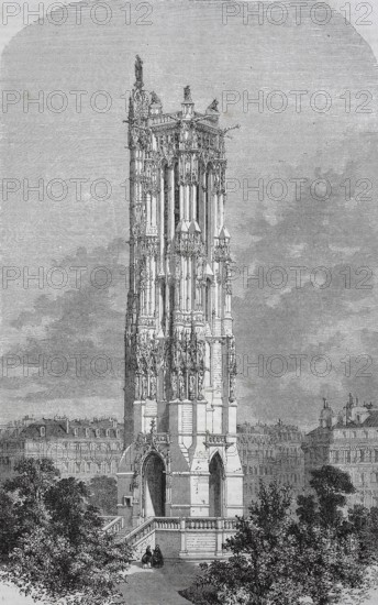 Historic, digitally restored reproduction from a 19th century original, Record date not stated, Saint Jacques de la Boucherie, Tour Saint-Jacques, around 1855, Gothic tower in the 4th arrondissement in Paris, France, Europe