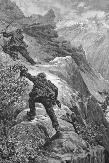 Policemen pursuing bandits in the mountains of Corsica, Historical, digitally restored reproduction from a 19th century original, c. 1890, Record date not stated