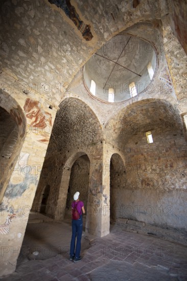 Frescoes in the church of St Nicholas, Byzantine ruined city of Mystras or Mistra on the Taygetos Mountains, UNESCO World Heritage Site, Laconia, Peloponnese, Greece, Europe