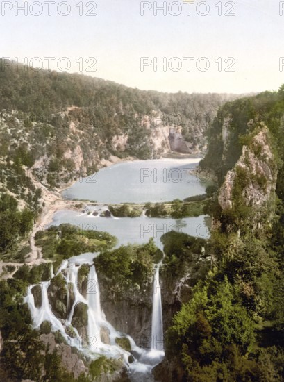 Pletvice Lakes, Plitvice Lakes, Ermitensee, Croatia, Austro-Hungary, digitally restored reproduction from a 19th century original, record date not stated, Plitvice Lake, Croatia, Austro-Hungary, digitally restored reproduction from a 19th century original, record date not stated, Europe