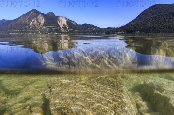 Underwater shot, rocks, lake, clear, mountains, sunny, Walchensee, Bavaria, Germany, Europe