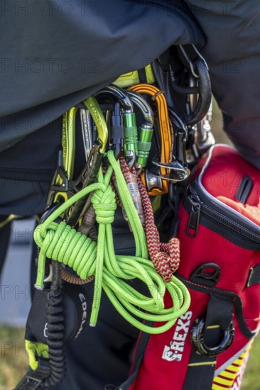 Equipment of the height rescuers of the Gelsenkirchen fire brigade, practising abseiling from a wind turbine from a height of 110 metres after rescuing an accident victim from the nacelle, Gladbeck, North Rhine-Westphalia, Germany, Europe