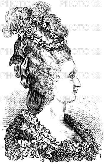 Portrait of the French Queen Marie-Antoinette, born Marie-Antoinette of Austria-Lorraine, woman of King Louis XVI, extravagant hairstyle, jewellery, bow, curls, feathers, hairstyle, fashion, luxury, lavish, unpopular, France, historical illustration 1882, Europe