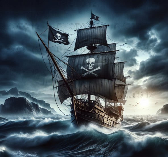 A privateer pirate ship with a pirate flag sails across the ocean in storms and high waves, AI generated, AI generated