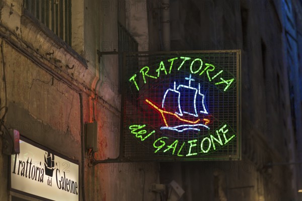 Illuminated nose sign of the Trattoria del Galeone, Via di S. Bernardo, 55R, Genoa, Italy, Europe