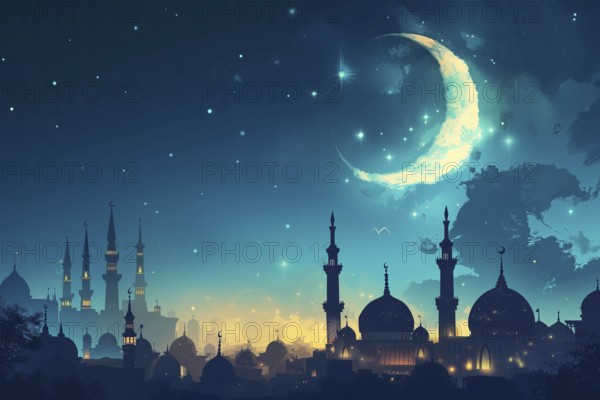 Ramadan with a mosque silhouetted against a starry night sky, illuminated by the crescent moon, AI generated