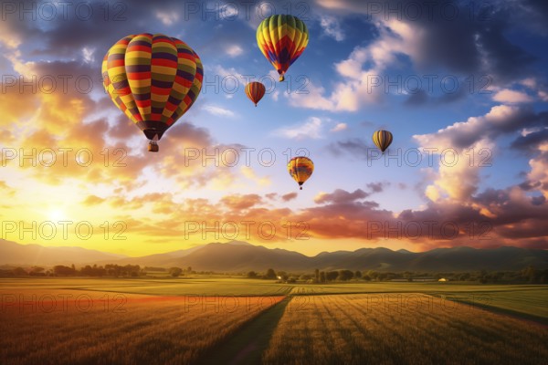 A colorful hot air balloons floats in sky over a blooming field meadow of flowers landscape at sunset with orange and blue skies in the background. Travel journey adventure beauty of nature concept, AI generated