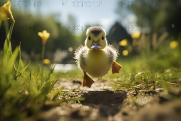 A close-up of a cute duckling standing in a sunlit meadow, with other ducklings and wildflowers in the background, AI generated