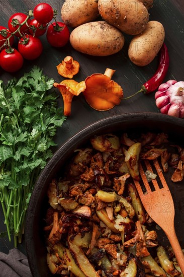 Fried chanterelles with mushrooms, in a clay pan, close-up, top view, selective focus