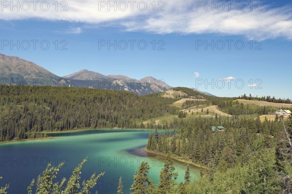 Turquoise green lake on forested slopes, summer, Emerald Lake, Yukon Territory, Canada, North America