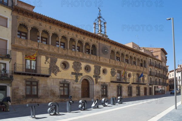 Magnificent historic building with ornate facades in a city street, Casa Consistorial de Tarazona, Ayuntamiento, Town Hall, Tarazona, Zaragoza, Aragon, Spain, Europe