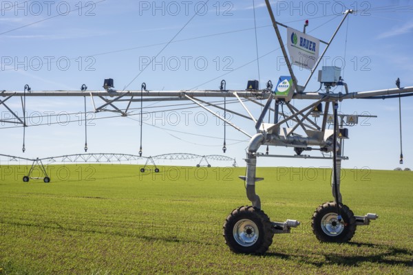 Modern environmentally friendly irrigation system on green crops in Kabusa, Ystad municipality, Skåne, Sweden, Scandinavia, Europe