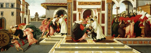 Das letzte Wunder und der Tod des Heiligen Zenobius (c. 1500), Last Miracle And The Death Of St. Zenobius, Painting by Sandro Botticelli (1 March 1445, 1510), one of the most important Italian painters and draughtsmen of the early Renaissance, Historic, digitally restored reproduction from an original, Record date not stated