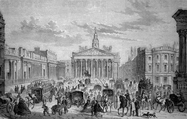 The Bank of London, Royal Exchange and Mansionhouse, England, in 1880, Historical, digital reproduction of an original 19th century artwork