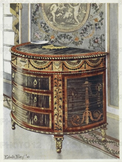 Furniture around the turn of the century 1900, Inlaid satinwood chest of drawers (1910, 1911), Inlaid satinwood commode (1910, 1911) .jpg