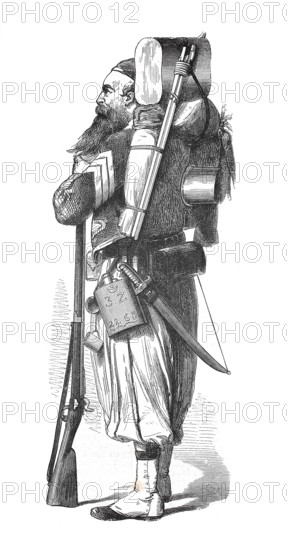 Historical, digitally restored reproduction from a 19th century original, record date not stated, Zuave, member of historical, originally oriental uniformed infantry units, French colonial troops, since the middle of the 19th century regular infantry troops of the French army with elite character, in field equipment